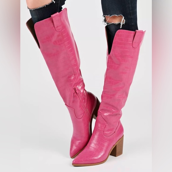 Journee Collection Shoes - Journey Pink Therese Knee-High Croc-Embossed Boots size 11 wide calf